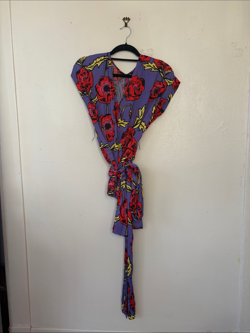 Sfera Collection Purple Blouse with Red Floral Print and Attached Belt